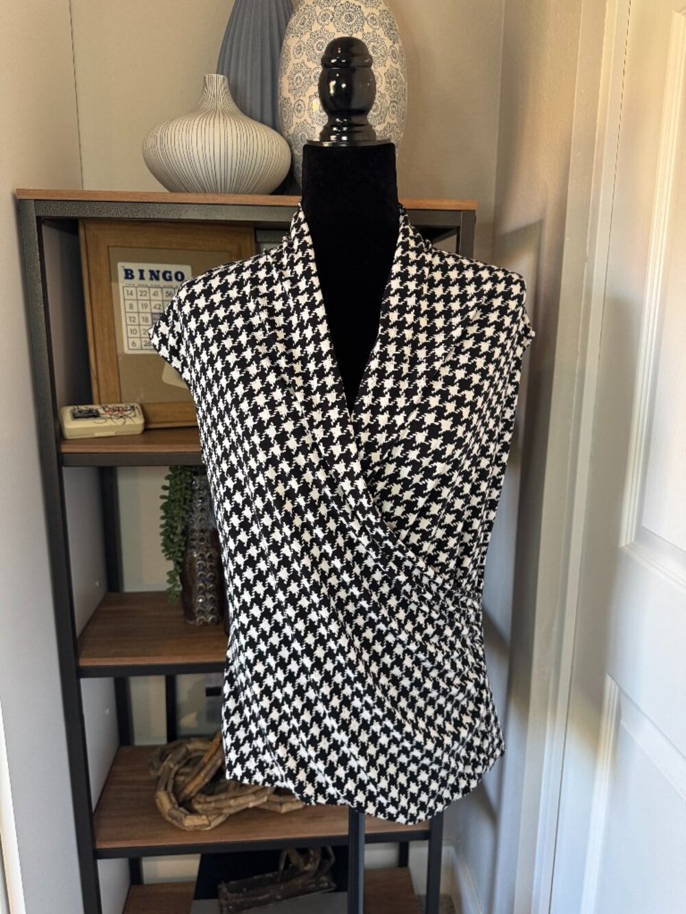 Vince Camuto Black & White Houndstooth Faux Wrap Sleeveless Top - Size L